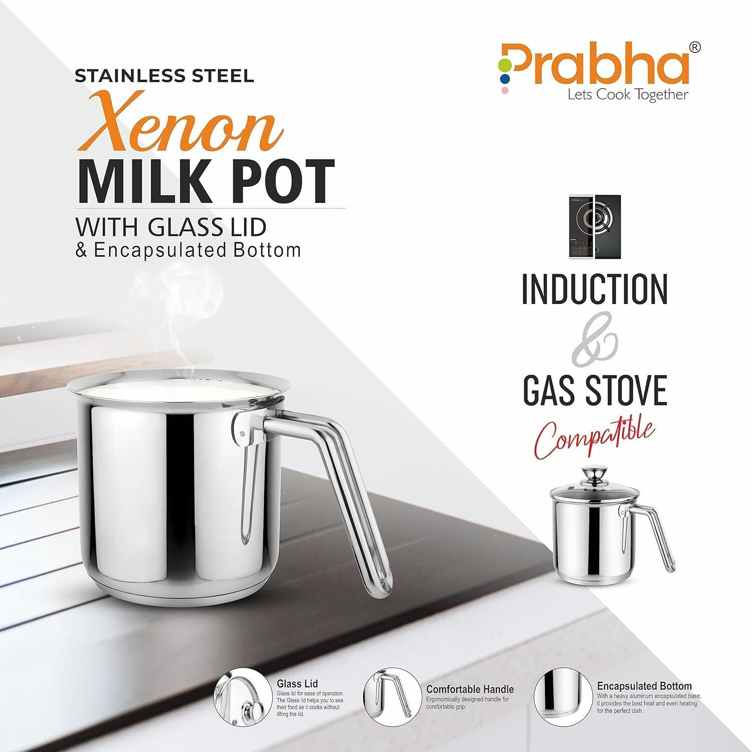 Image of PRABHA Heavy Gauge Encapsulated Base Stainless Steel Plain Milk Pot Milk Boiler Pot 17 cm diameter 2.5 L capacity with Lid