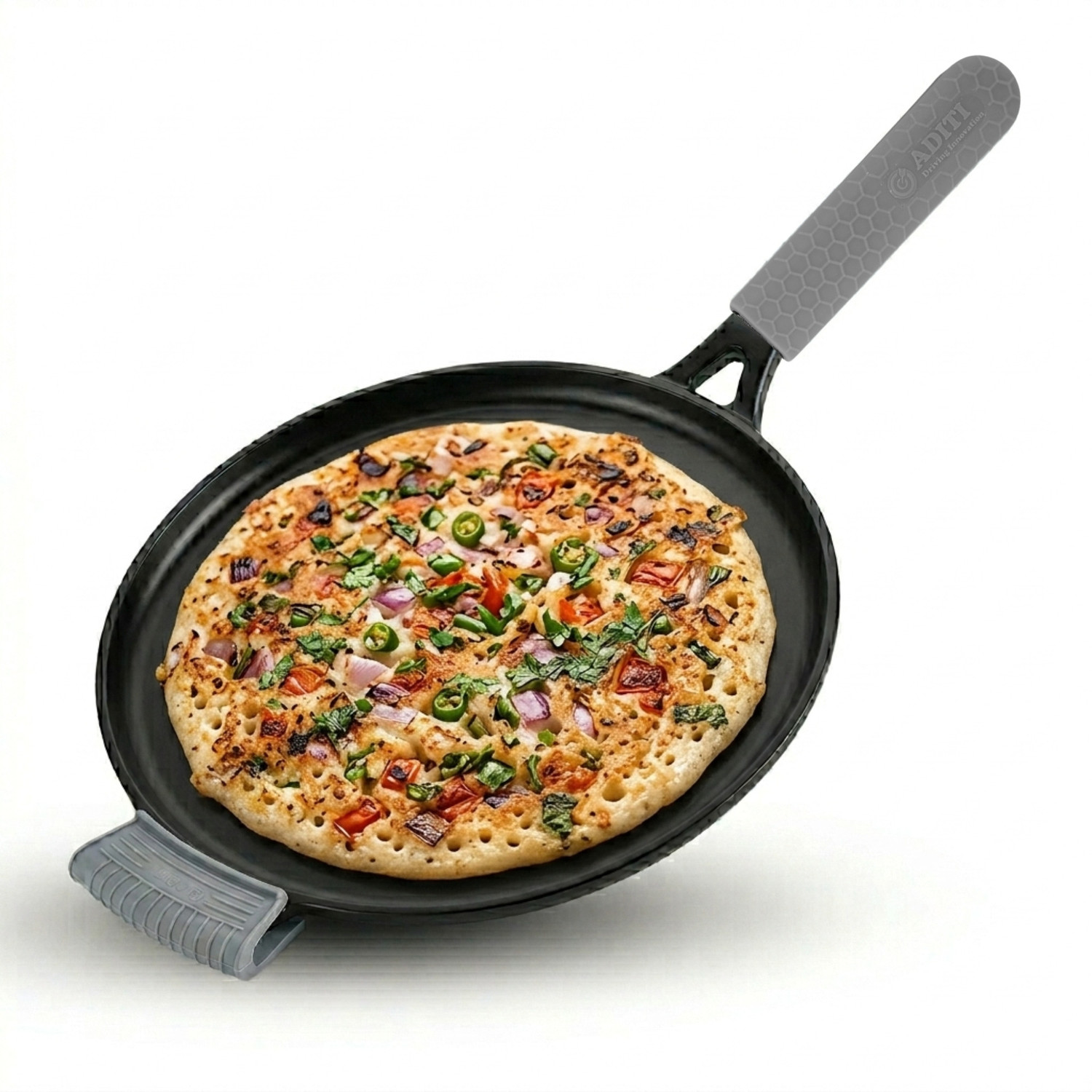 Image of Aditi Techno LLP Cast Iron Dosa Tawa, 11 Inch with Long Heat-Resistant Silicone Grip Handle Tawa 28 cm diameter