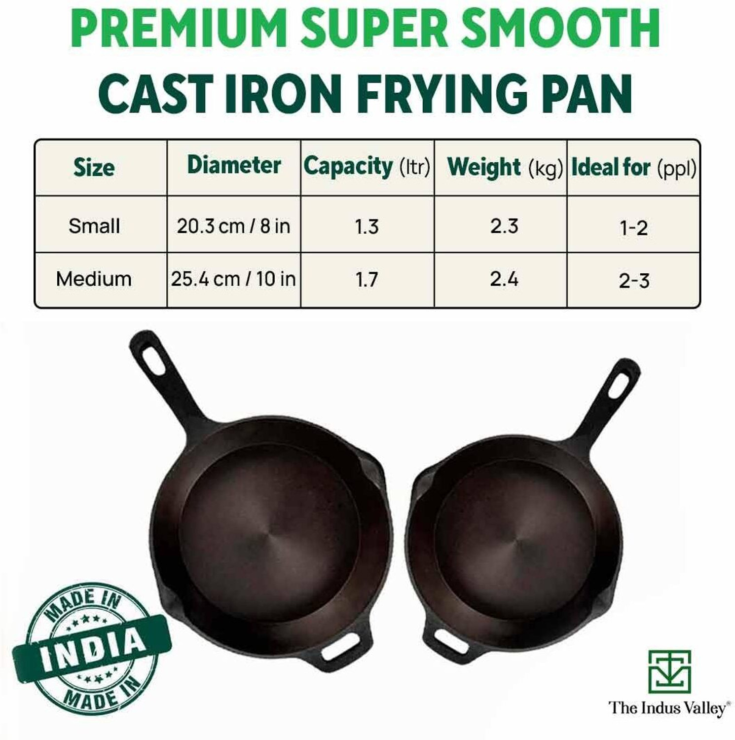 Image of The Indus Valley Pre-Seasoned Super Smooth Cast Iron Skillet - 8 inch Fry Pan 20.3 cm diameter 1.3 L capacity
