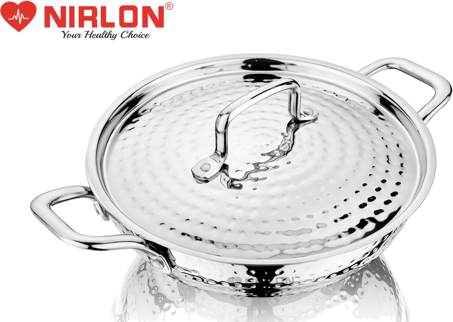 Image of NIRLON Hammered Triply Stainless Steel Deep Kadai /Wok /Kadhai with Stainless Steel Lid Kadhai 26 cm diameter with Lid 3.5 L capacity