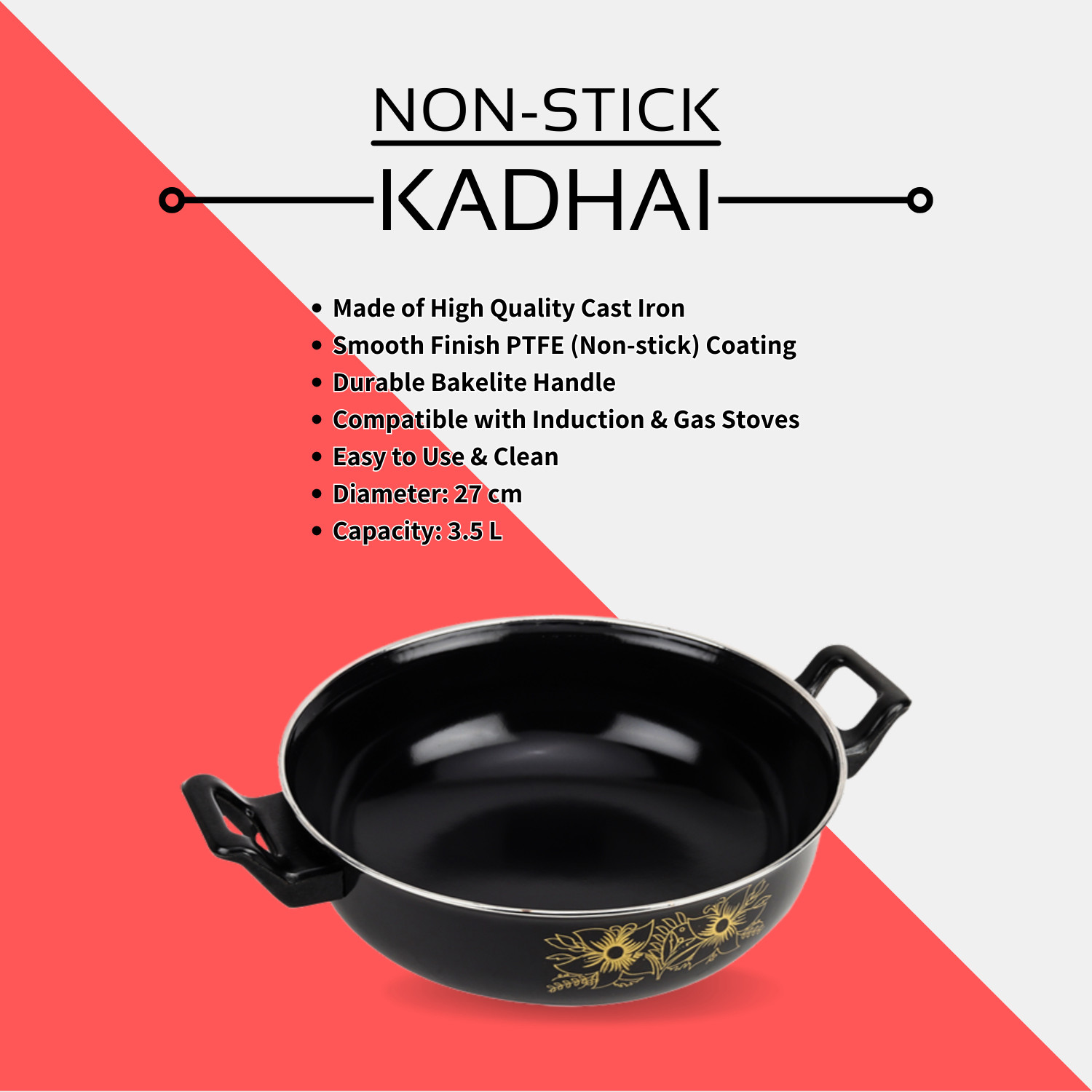 Image of My Store Non Stick Kadhai (Black / 3.5 L) - Non Stick | Induction Base Cooktop | Durable Kadhai 26.5 cm diameter 3.3 L capacity