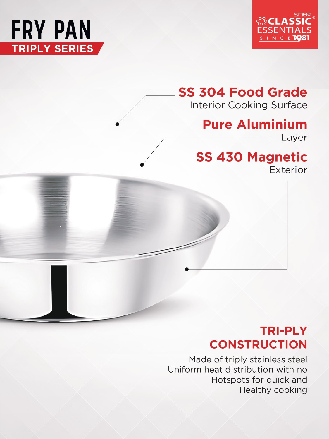 Image of Classic Essentials Triply SS Fry Pan With Lid | Gas & Induction Cookware Fry Pan 22 cm diameter with Lid 1.5 L capacity