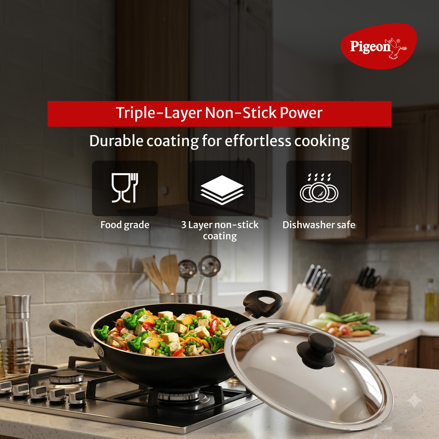 Image of Pigeon NonStick Kadhai 15 cm diameter with Lid 1.5 L capacity