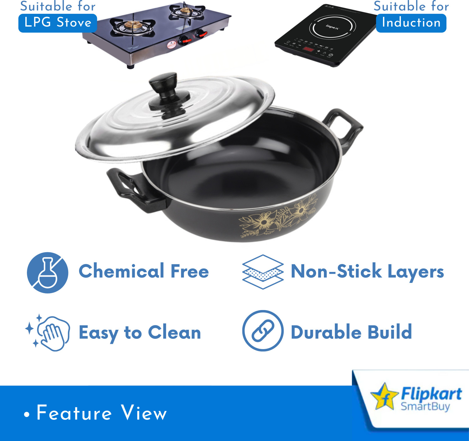 Image of Flipkart SmartBuy Premium Non-Stick Kadhai with Lid (3.5 L) 4 - Non-Stick Cast Iron Kadhai 27 cm diameter with Lid 3.5 L capacity