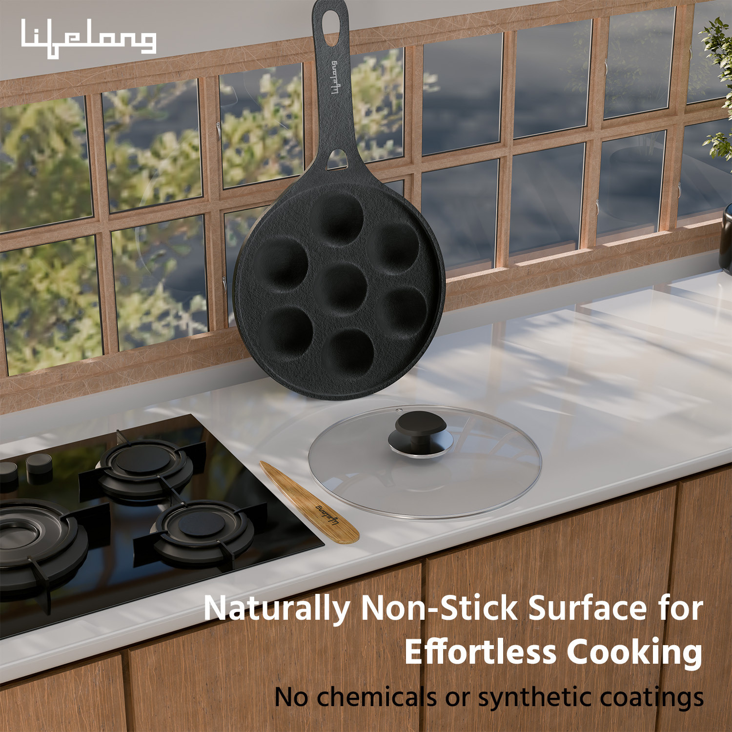 Image of Lifelong Pre-Seasoned Paniyaram Pan with Wooden Spatula, 7 Pits Naturally Non Stick Paniarakkal Pan 21 cm diameter with Lid 0.5 L capacity (Cast Iron, Induction Bottom)