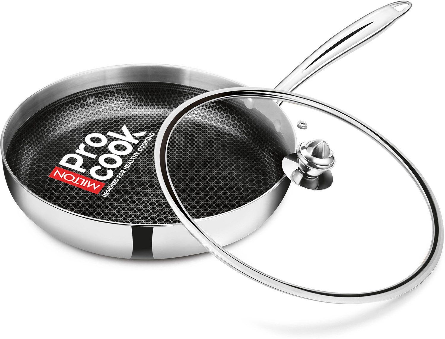 Image of MILTON ProCook Triply Hexa Tech Induction Stainless Steel Fry Pan with Glass Lid, 22 cm Fry Pan 22 cm diameter with Lid 1.3 L capacity