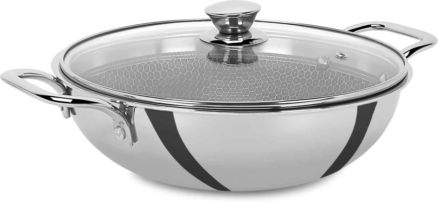 Image of Hot plus Triply Honeycomb Steel Kadai With Glass Lid Kadhai 22 cm diameter with Lid 2.2 L capacity