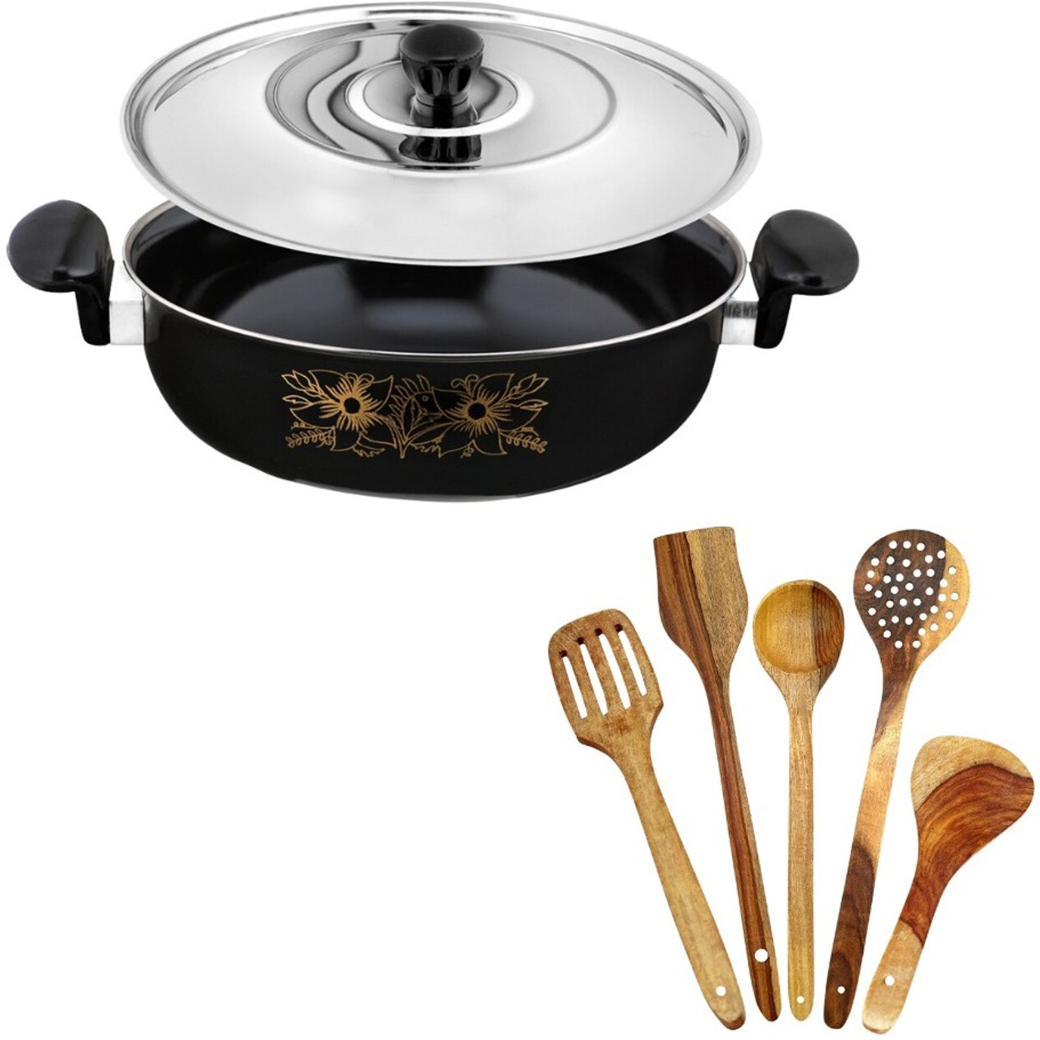 Image of Cook Pro Cookpro |Black kadai /kadhai /karahi with lid and 5pcs multipurpose spatula set Kadhai 26 cm diameter with Lid 3.5 L capacity