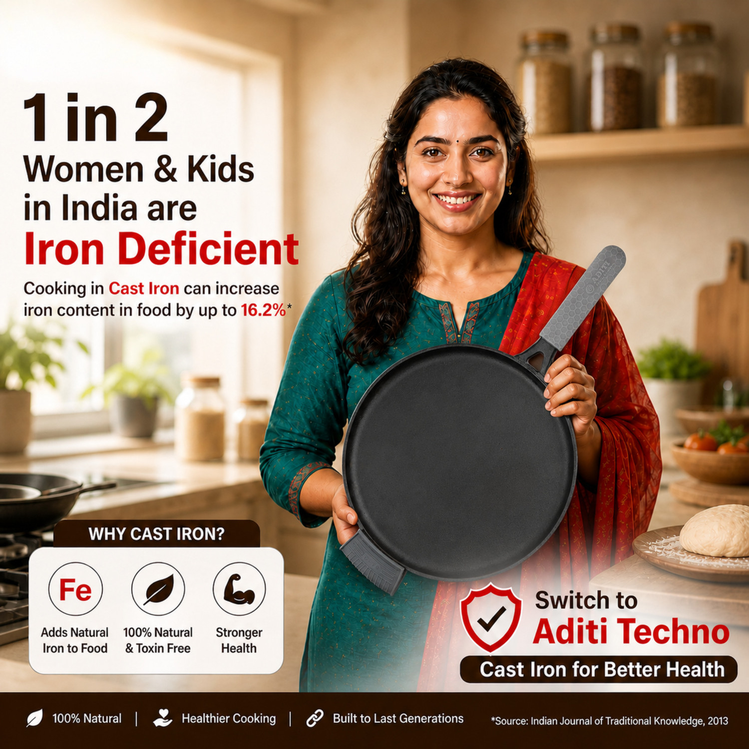Image of Aditi Techno LLP Cast Iron Dosa Tawa, 11 Inch with Long Heat-Resistant Silicone Grip Handle Tawa 28 cm diameter