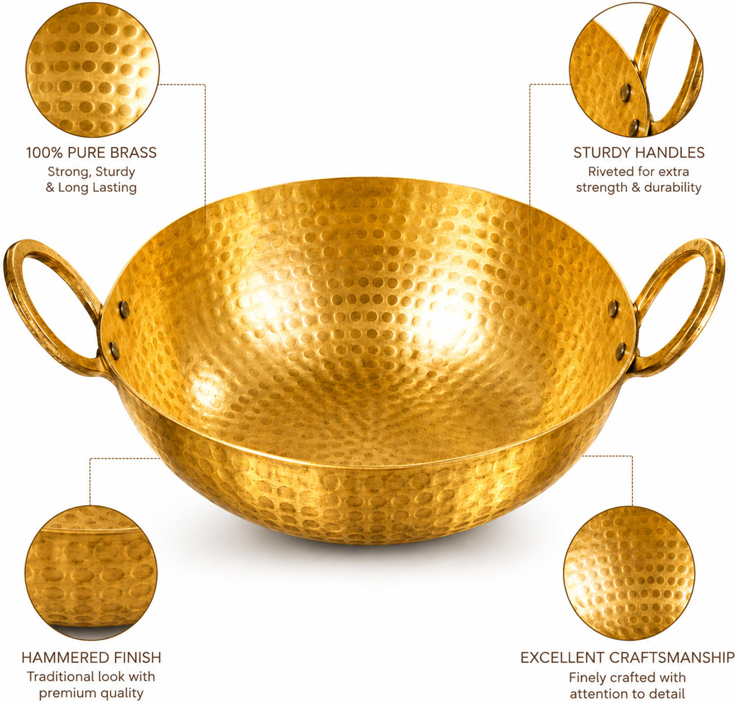 Image of Baipurna Brass Kadhai 5 Litre for Cooking Pital Big Size 1.5 Kg Heavy Weight Kadai Kadhai 37 cm diameter with Lid 5 L capacity (Brass, Non-stick)
