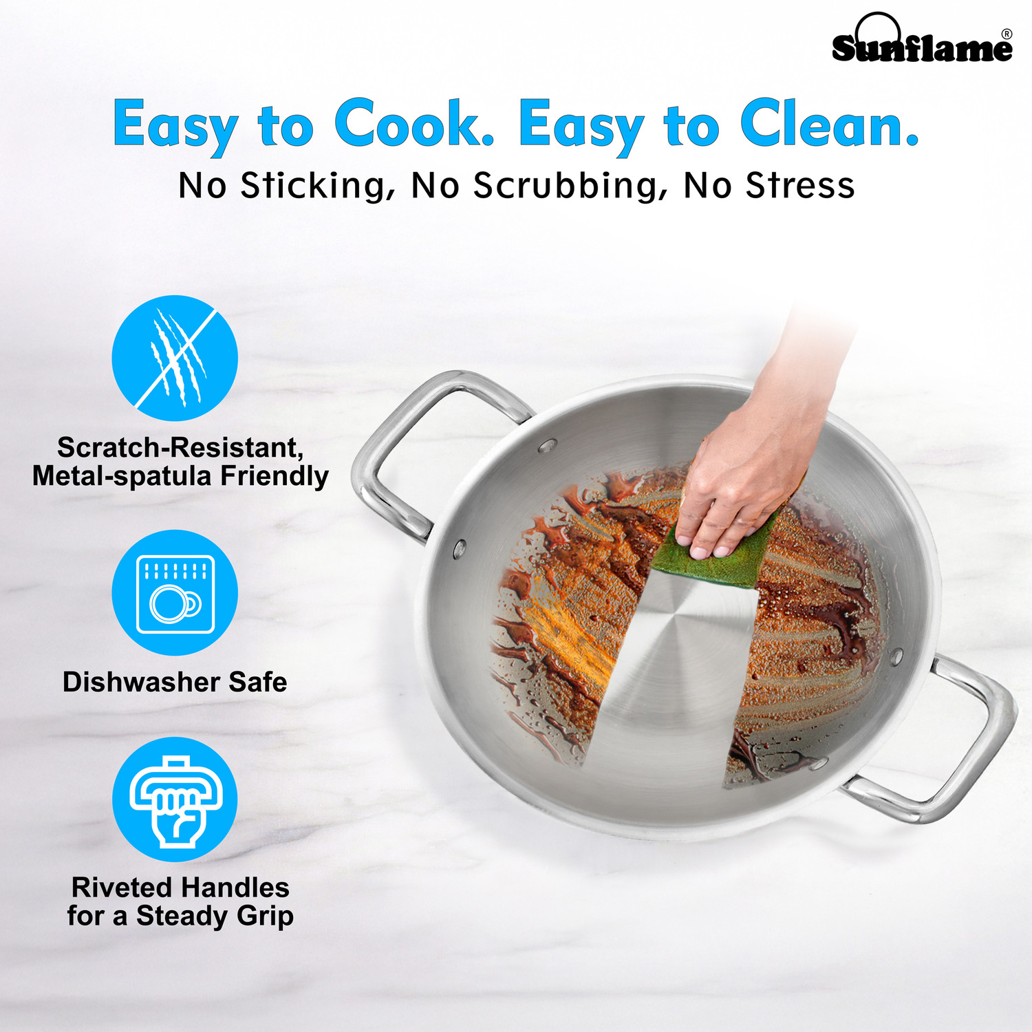 Image of Sunflame Triply Kadhai 26 cm with Lid | 5 Year Warranty, Induction Compatible | Kadhai 26 cm diameter with Lid 3.7 L capacity (Triply, Induction Bottom)