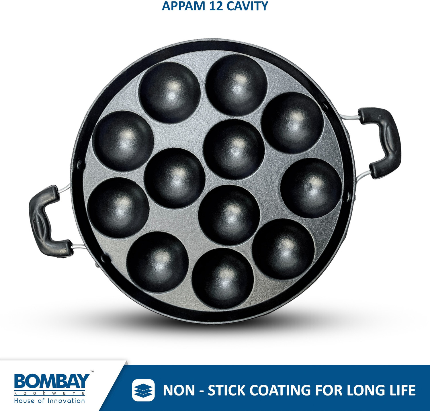 Image of Bombay Kookware APPAM MAKER 12 CAVITY 24 CM Paniarakkal Pan 24.5 cm diameter with Lid 0.5 L capacity