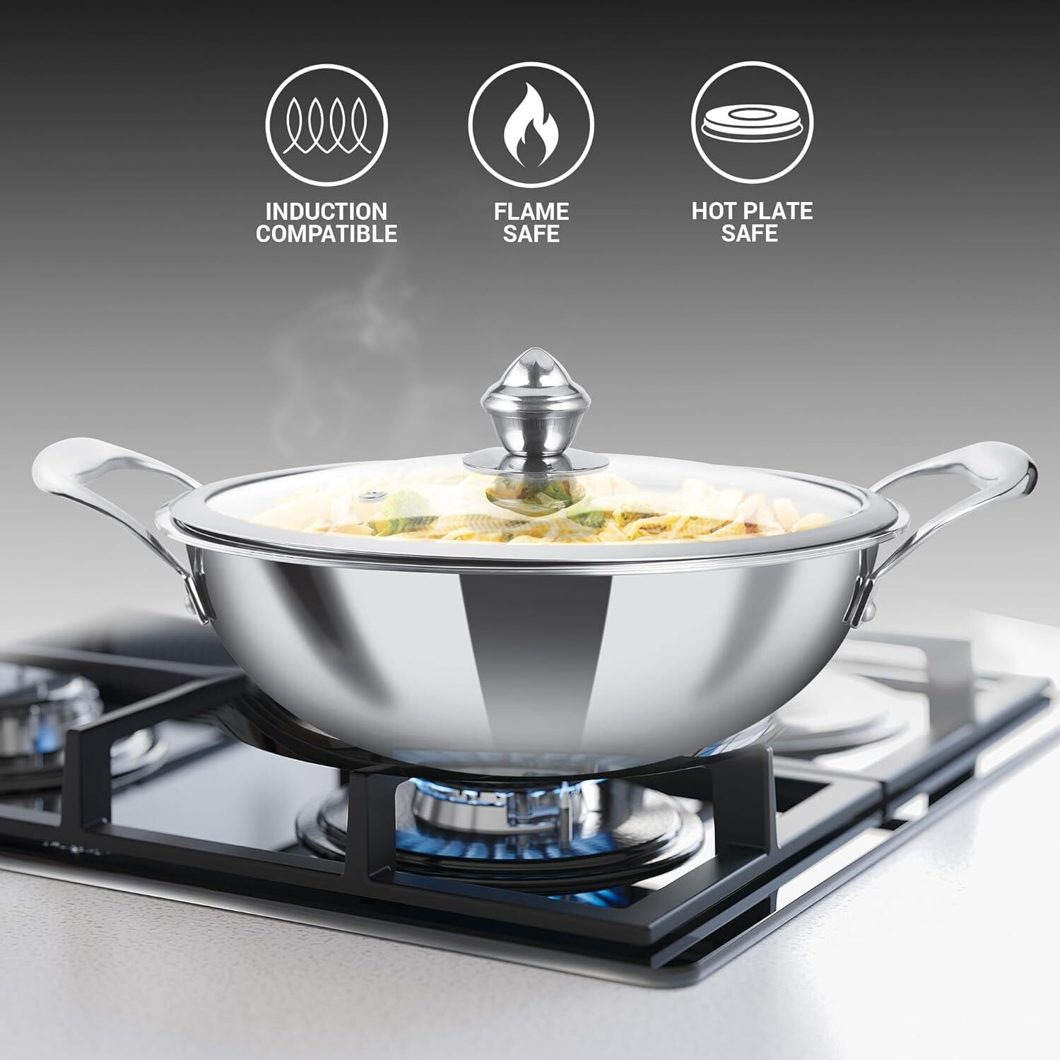 Image of MILTON Pro Cook 30 cm Triply Honeycomb Hexa Tech Kadhai with Glass Lid, Induction ready Kadhai 30 cm diameter with Lid 5.5 L capacity (Stainless Steel, Non-stick, Induction Bottom)