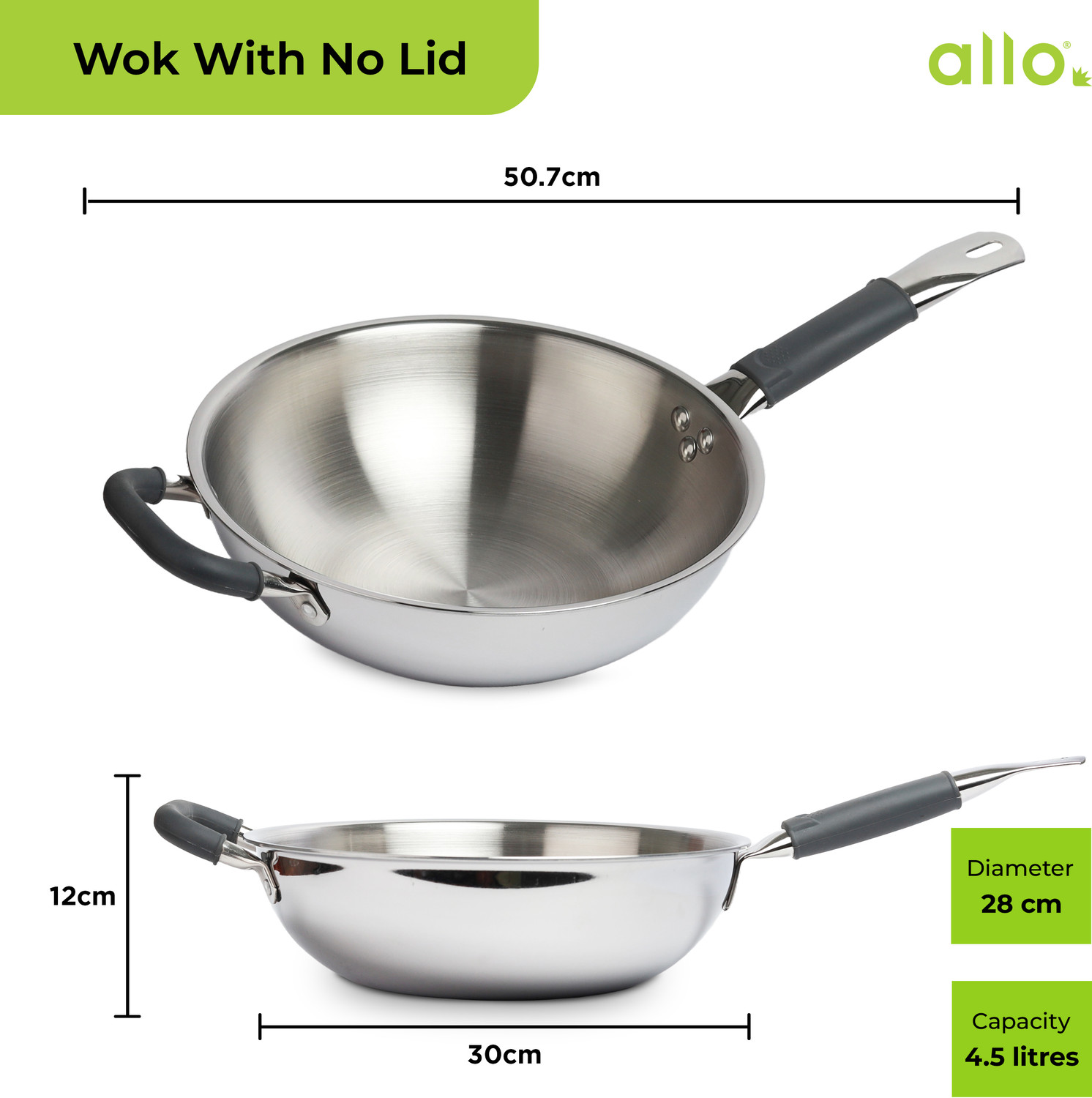 Image of Allo CookSafe TriPly Stainless Steel Naturally Non Stick Wok 3.7 L capacity 28 cm diameter