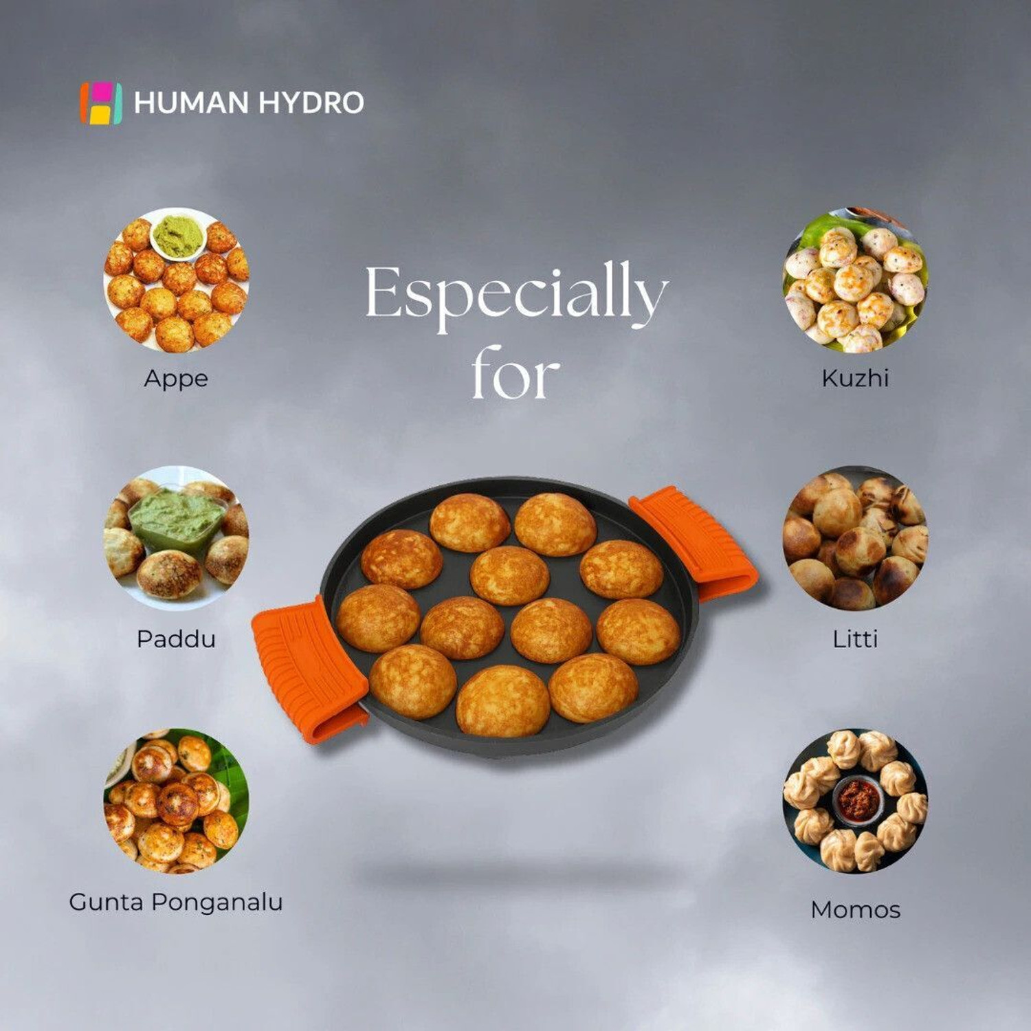Image of Human Hydro IronCure Cast Iron 12-Pit Paniyaram Pan with Glass Lid & Silicone Grips Paniarakkal Pan 20 cm diameter with Lid 1.2 L capacity