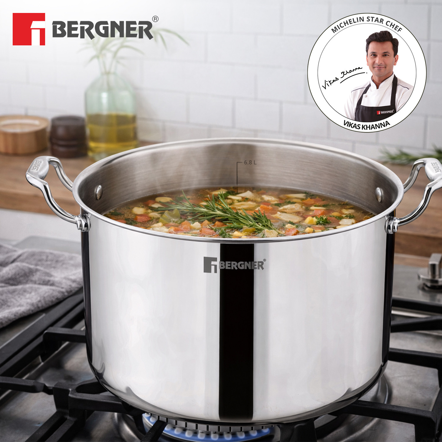 Image of BERGNER Argent Samsara Triply Stock Pot with Stainless Steel Lid, Handi / Casserole, Pot 28 cm diameter 10 L capacity with Lid
