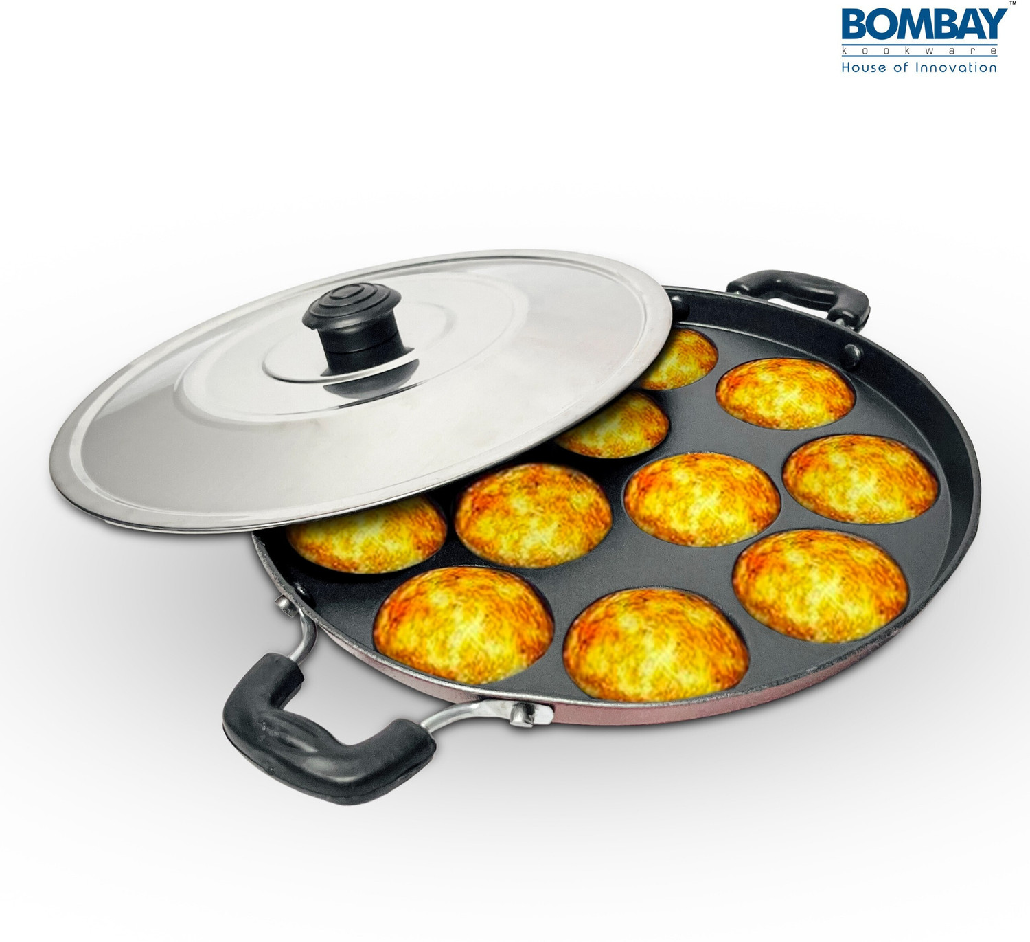 Image of Bombay Kookware APPAM MAKER 12 CAVITY 24 CM Paniarakkal Pan 24.5 cm diameter with Lid 0.5 L capacity