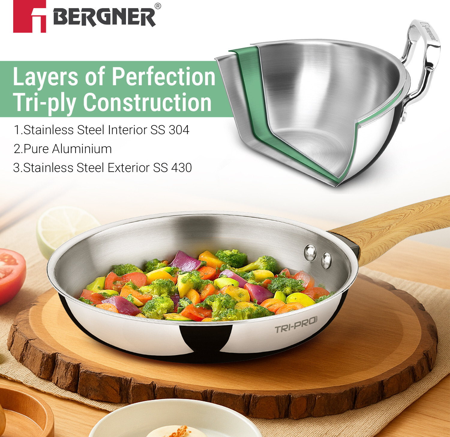 Image of BERGNER TriPro Tri-Ply 24cm Frypan with Wooden Soft Touch Handle, Healthy Coating| Fry Pan 24 cm diameter 1.8 L capacity