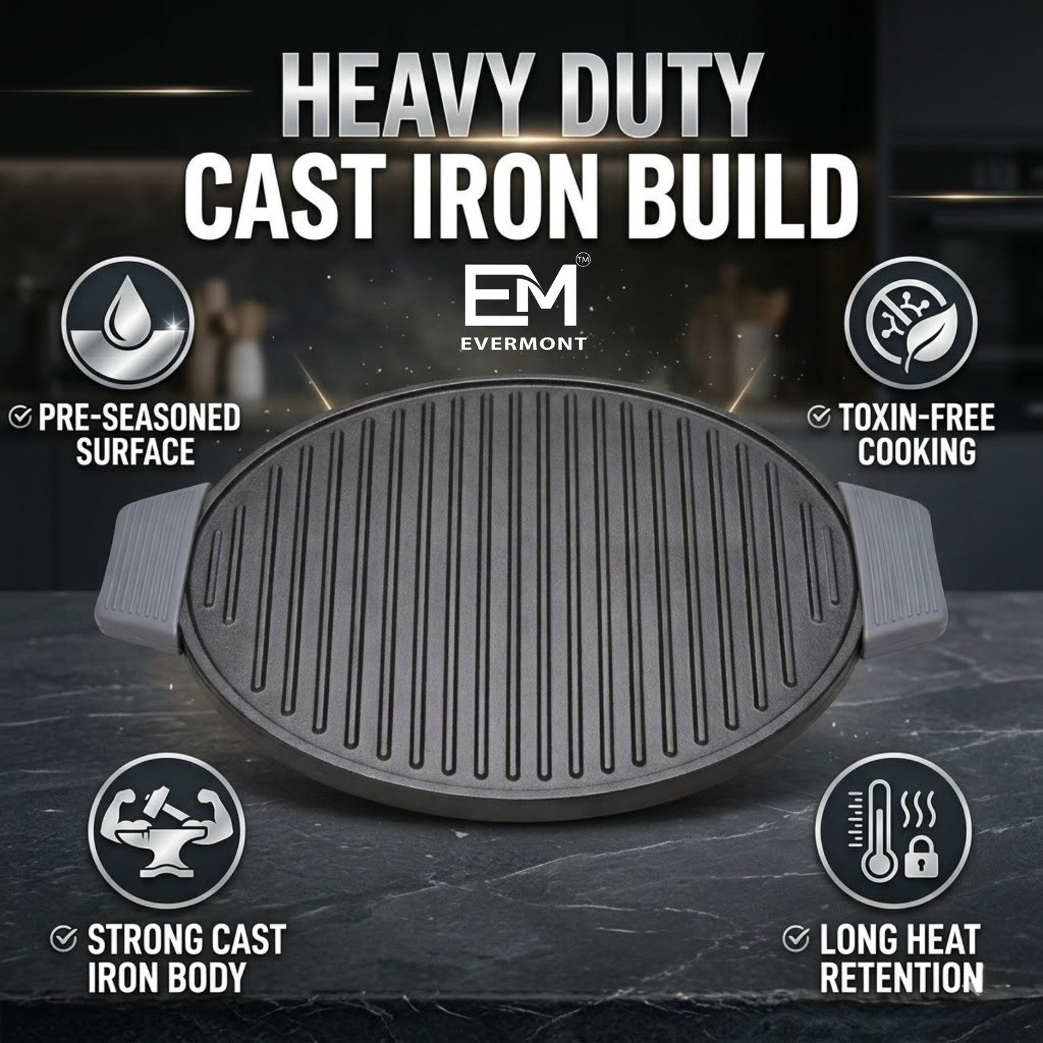 Image of Evermont 2 in 1 Cast Iron Grill Tawa Pan, Reversible Cookware, Dual Surface Tawa 30.5 cm diameter