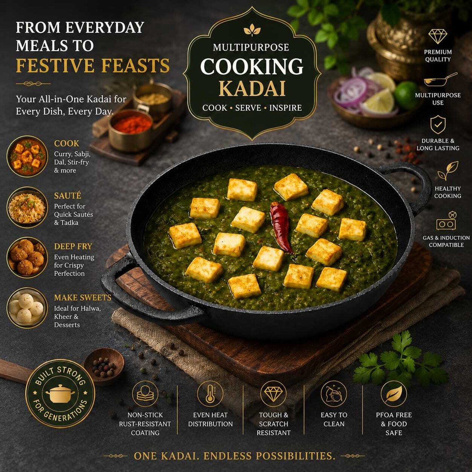 Image of forsel Premium Quality Cast Iron Kadai for Multipurpose Kitchen Cooking Kadhai 25 cm diameter 2.4 L capacity