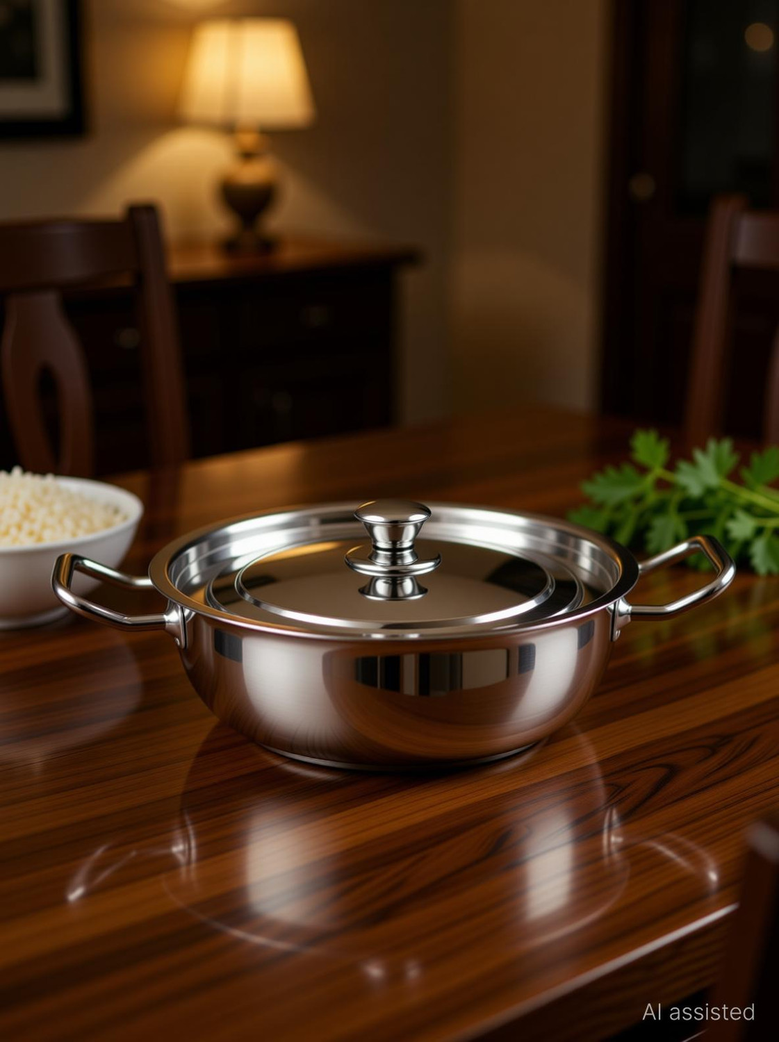 Image of THANGAM Stainless Steel Induction Kadhai with Lid & Handle 2.8L Non Stick Kadai Cooking Kadhai 24 cm diameter with Lid 2800 L capacity (Stainless Steel, Non-stick, Induction Bottom)