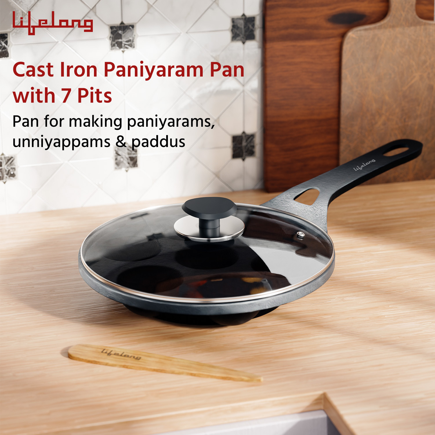 Image of Lifelong Pre-Seasoned Paniyaram Pan with Wooden Spatula, 7 Pits Naturally Non Stick Paniarakkal Pan 21 cm diameter with Lid 0.5 L capacity (Cast Iron, Induction Bottom)