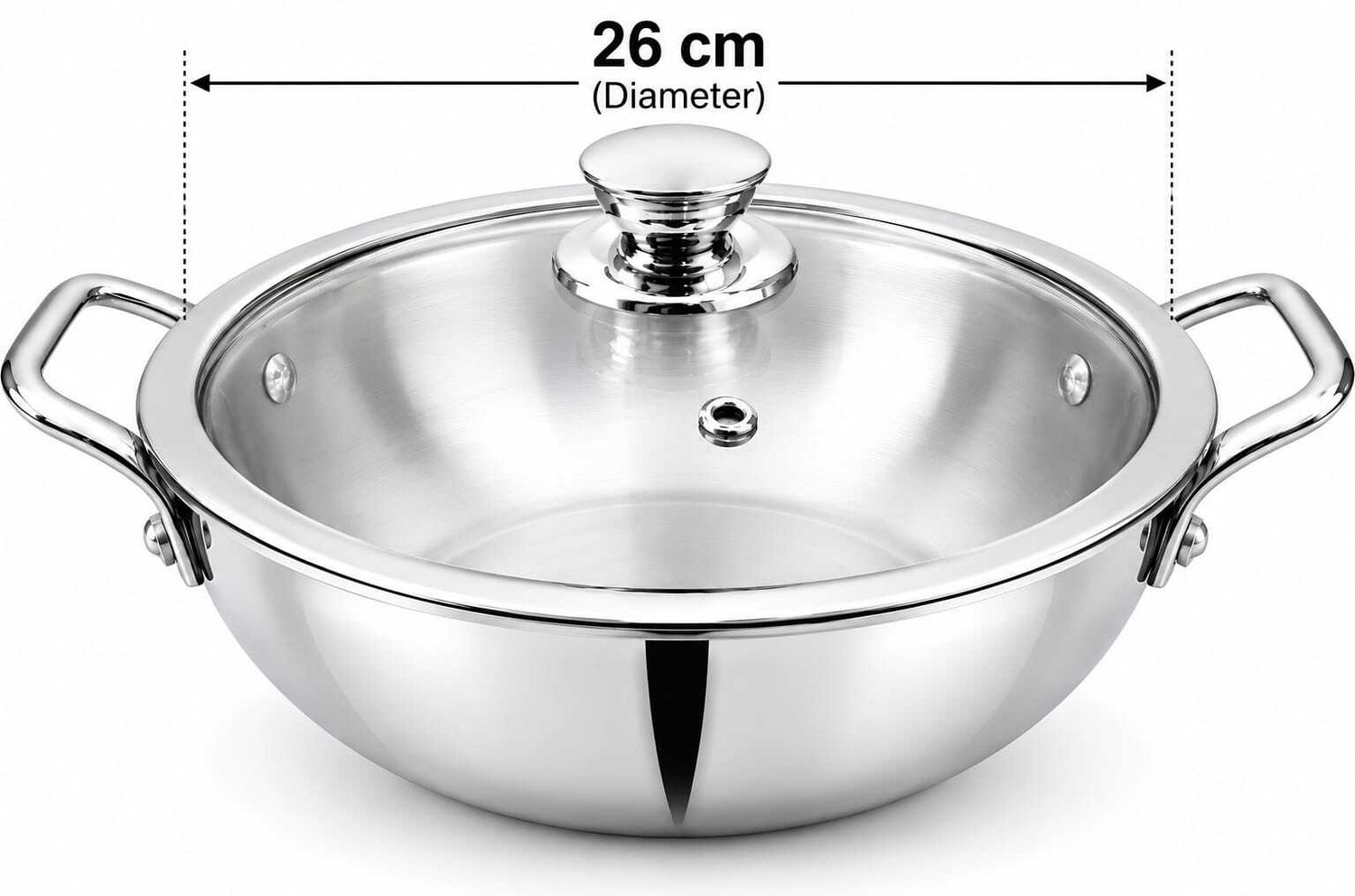 Image of Mainsa Triply Kadhai with Glass Lid Steel Kadhai 26 cm diameter with Lid 3 L capacity