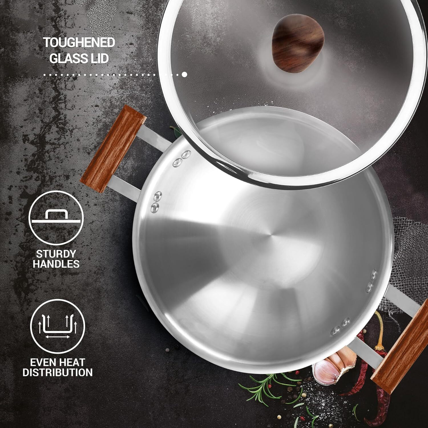 Image of MILTON Pro cook Triply Hexa Tech Induction with Glass Lid & Wooden Handle,24 cm Kadhai 24 cm diameter with Lid 2.5 L capacity
