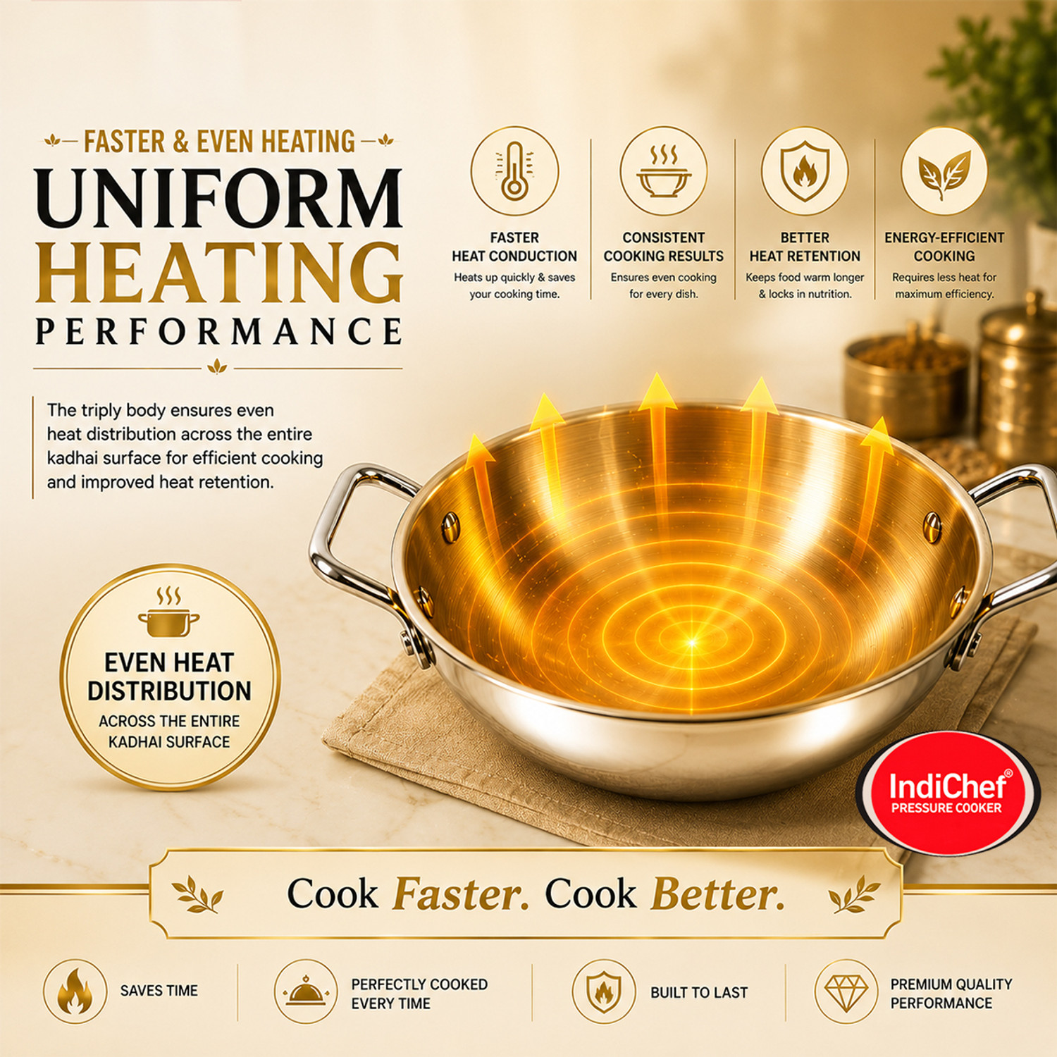 Image of IndiChef Brass Triply Kadahi in Heavy Weight | Gas Stove & Induction Friendly Kadhai 26 cm diameter 3 L capacity (Brass, Non-stick, Induction Bottom)