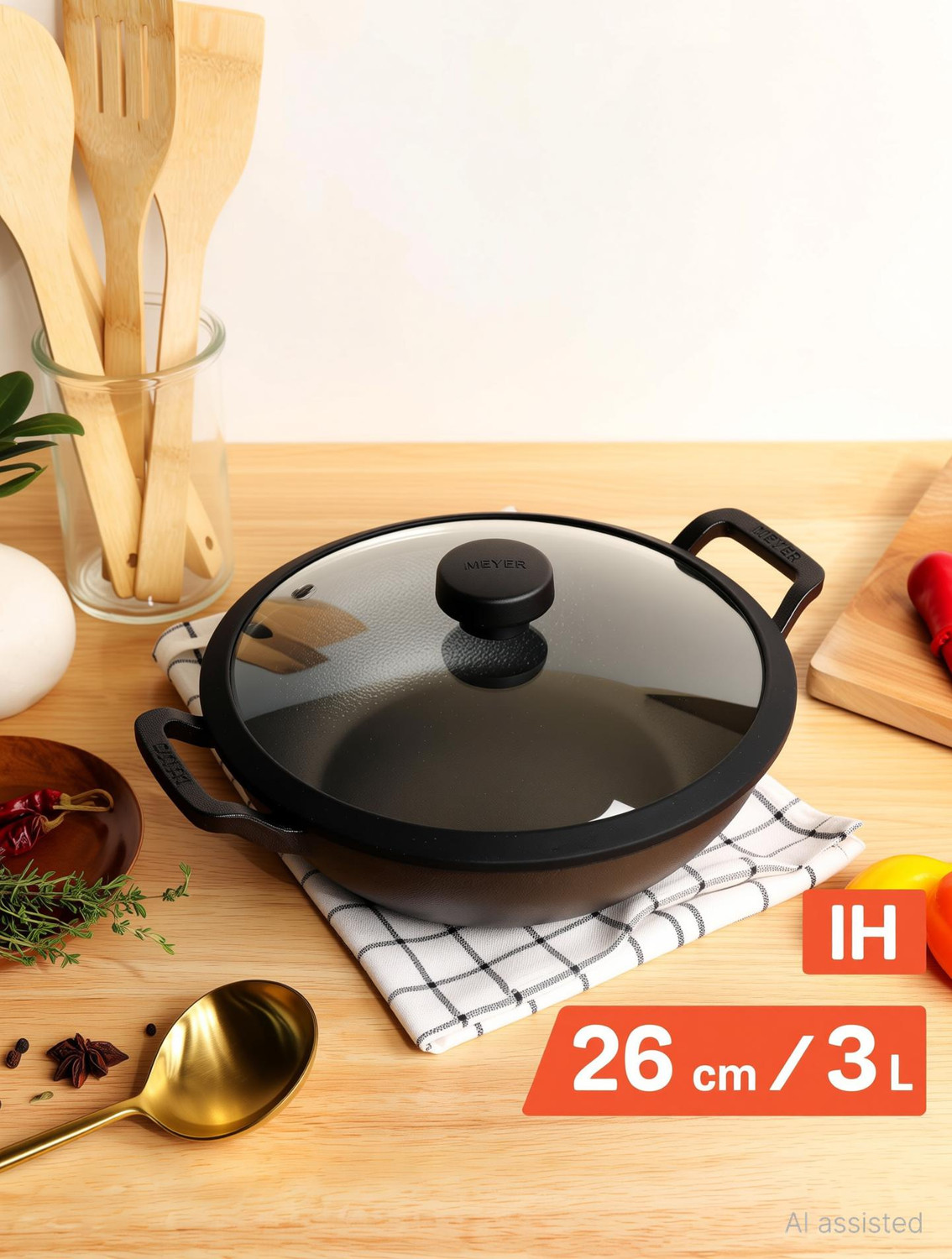 Image of Meyer Pre Seasoned Cast Iron Kadai|Iron Kadhai with Lid for Cooking and Stir Frying Kadhai 26 cm diameter with Lid 3 L capacity