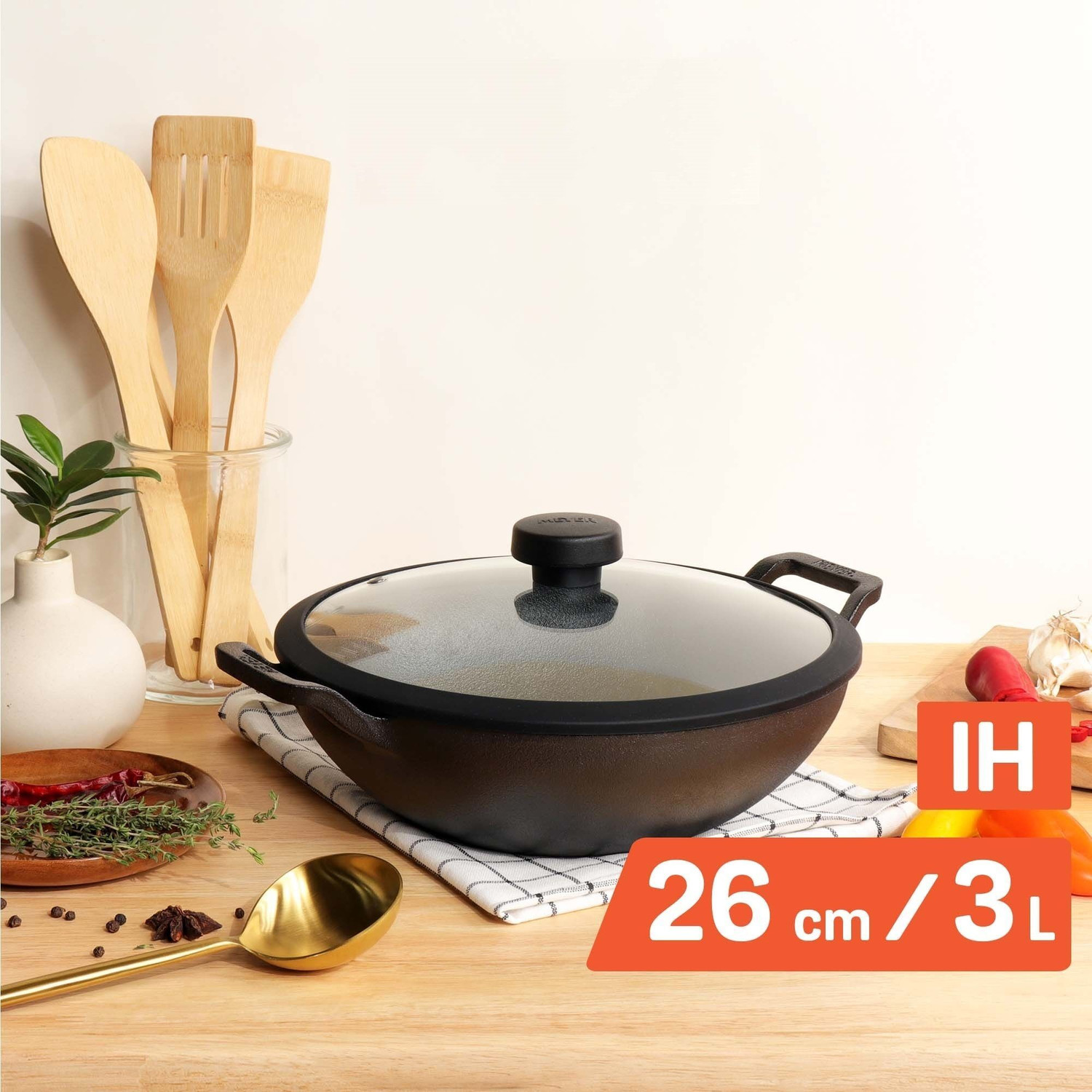 Image of Meyer Pre Seasoned Cast Iron Kadai|Iron Kadhai with Lid for Cooking and Stir Frying Kadhai 26 cm diameter with Lid 3 L capacity