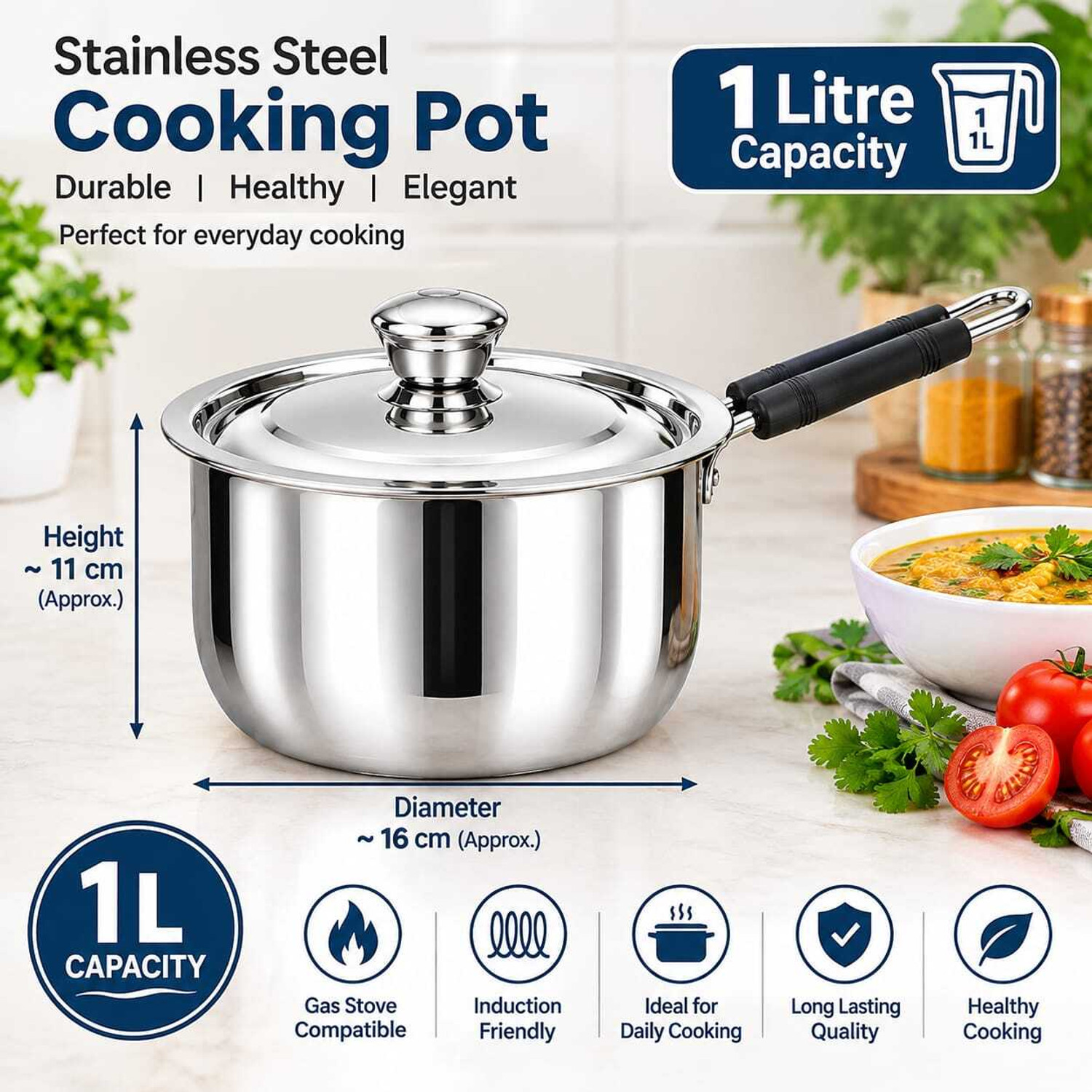 Image of FEMEO Kitchen Cooking Pot Induction Gas Stove Compatible Tea Pan, Sauce Pan, Milk Pan 14 cm diameter with Lid 1 L capacity