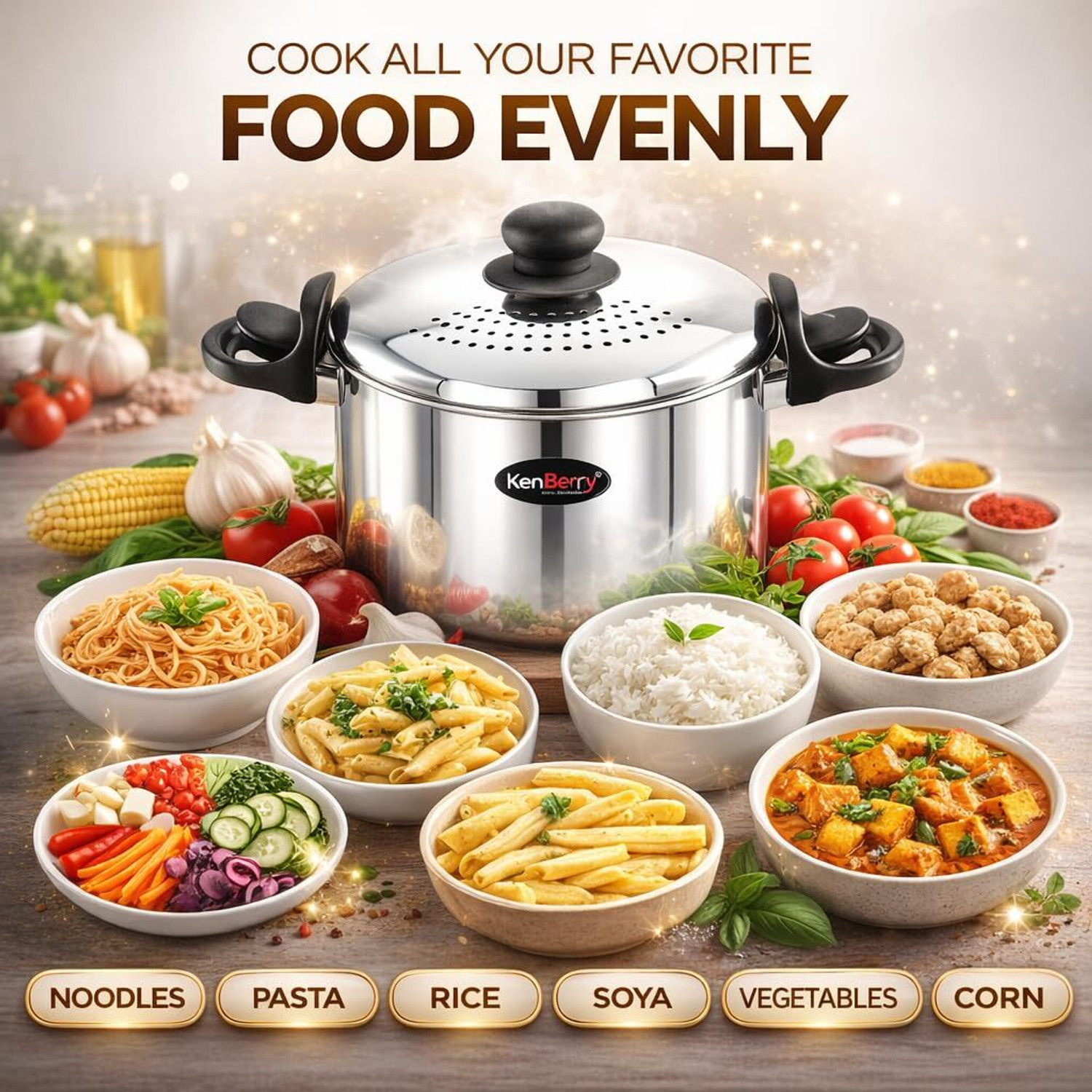 Image of KenBerry Rice & Pasta Pot With Strainer Lid | Locking Handle | Multi-Purpose Cookware Pot 23 cm diameter 5 L capacity with Lid (Stainless Steel, Induction Bottom)