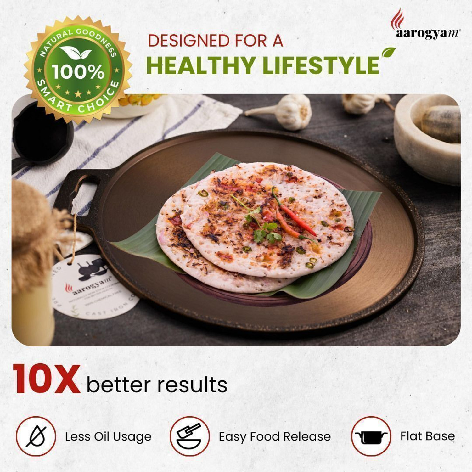 Image of Aarogyam Cast Iron Dosa / Roti Tawa Single Handle 12 Inches. Ferrolite Series. Tawa 30 cm diameter