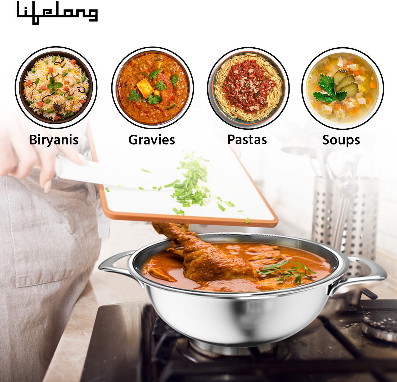 Image of Lifelong Deep Kadhai 24 cm diameter with Lid 2.8 L capacity (Triply, Induction Bottom)