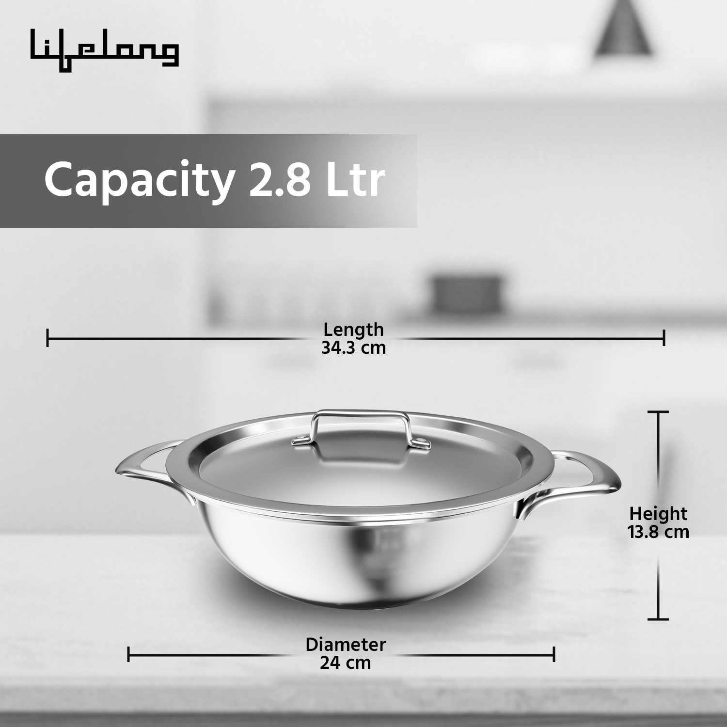 Image of Lifelong Deep Kadhai 24 cm diameter with Lid 2.8 L capacity (Triply, Induction Bottom)