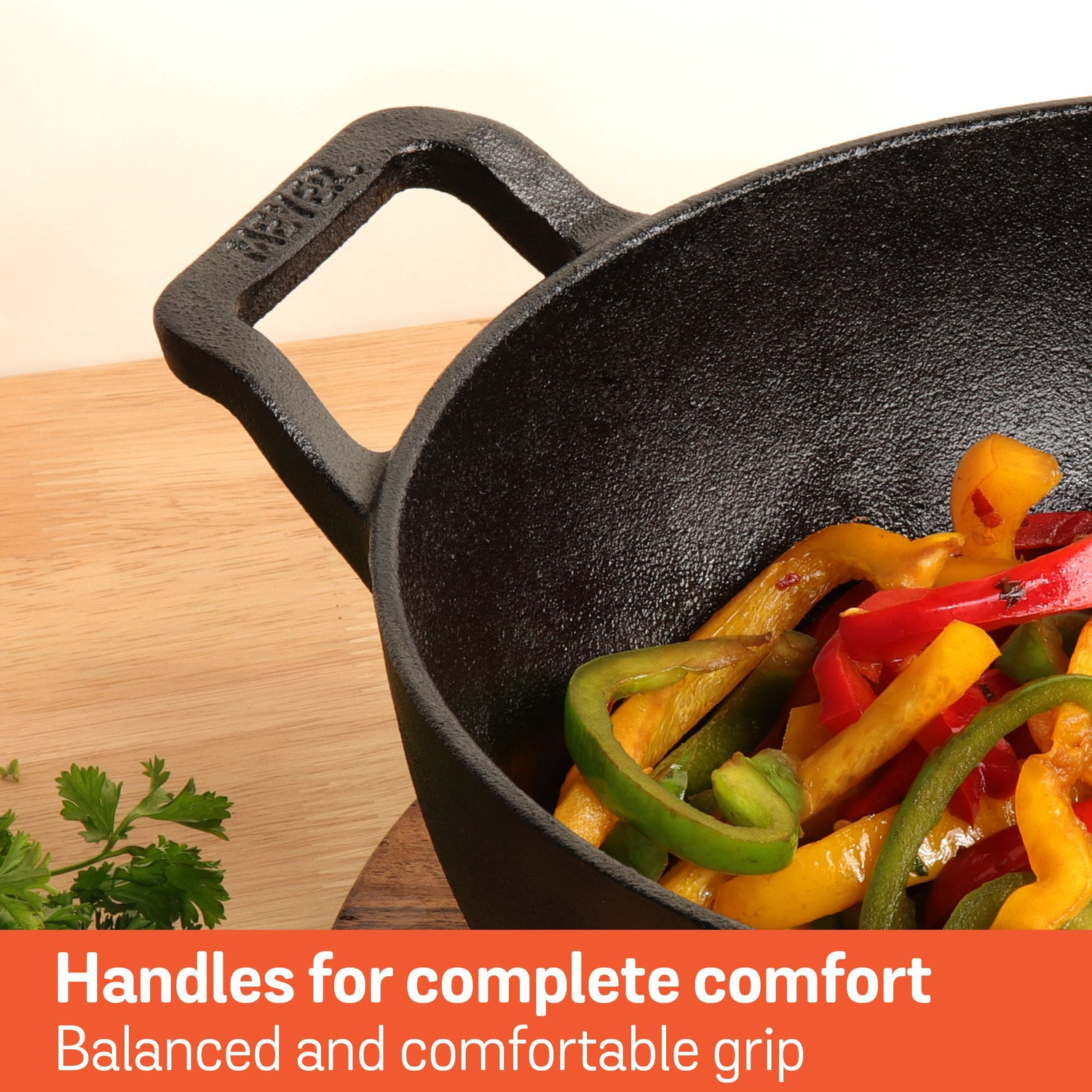 Image of Meyer Pre Seasoned Cast Iron Kadai|Iron Kadhai with Lid for Cooking and Stir Frying Kadhai 26 cm diameter with Lid 3 L capacity