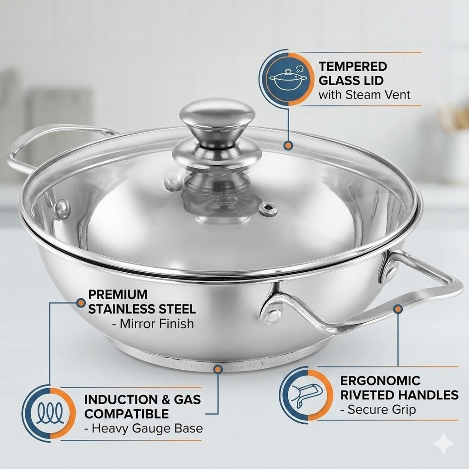 Image of MAXSUN Induction Base Stainless Steel Kadai - Heavy Gauge Design m12 Kadhai 9 cm diameter with Lid 3 L capacity