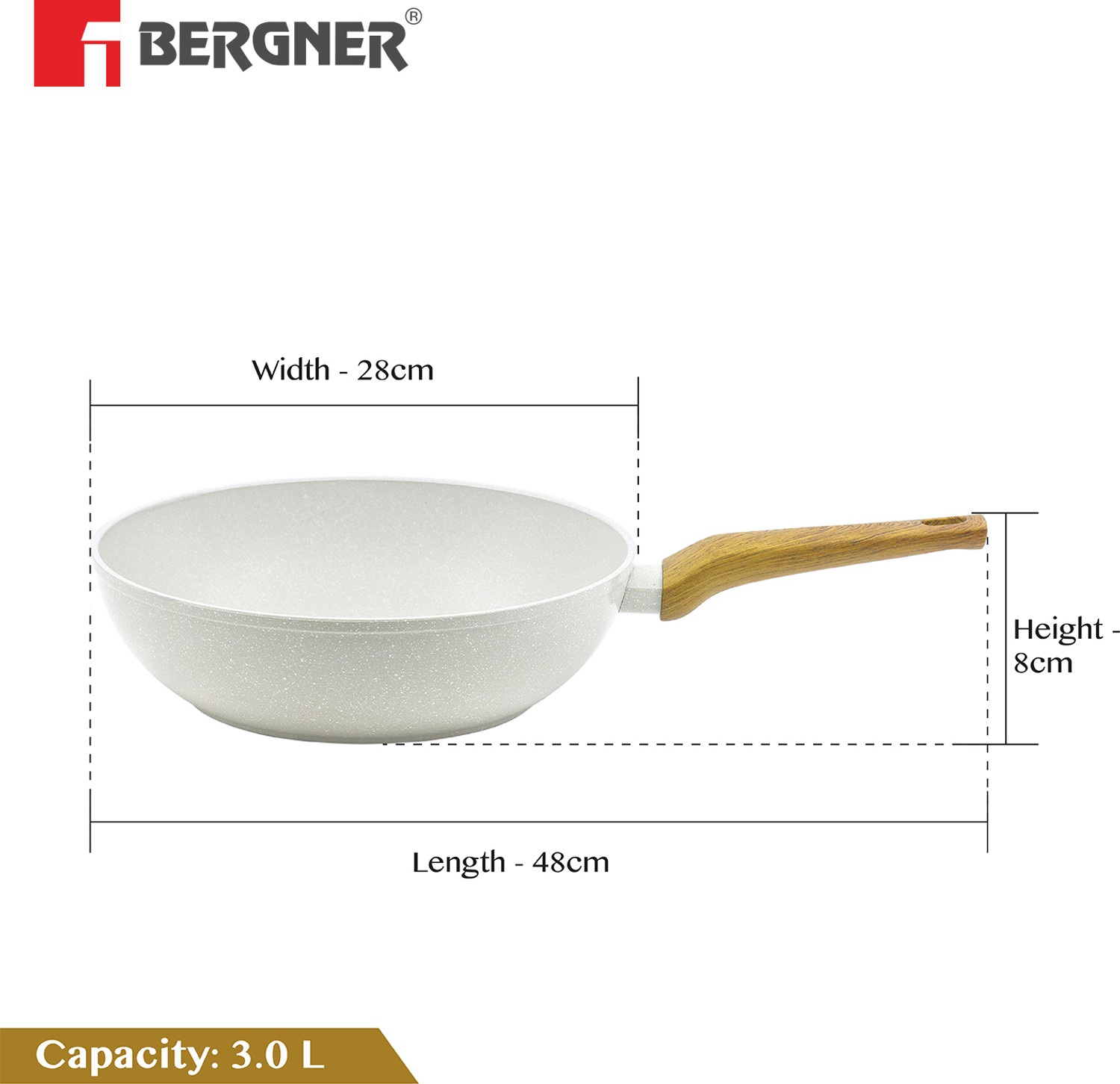 Image of BERGNER Naturally Forged Aluminum Less Oil Use Wok 3 L capacity 28 cm diameter (Aluminium, Non-stick, Induction Bottom)