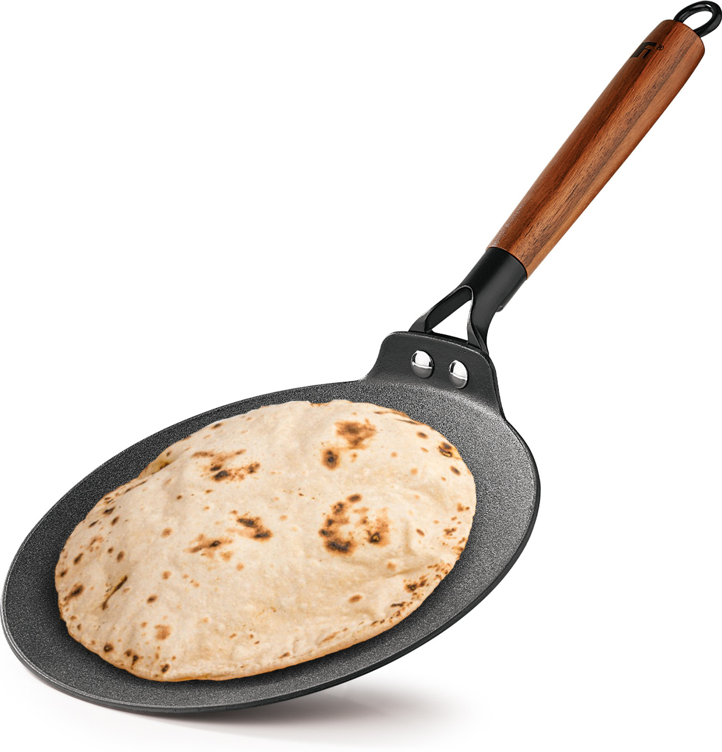 Image of BERGNER Odin Cast Iron Tawa with Wooden Coated Handle, Lightweight Roti Tawa 22 cm diameter