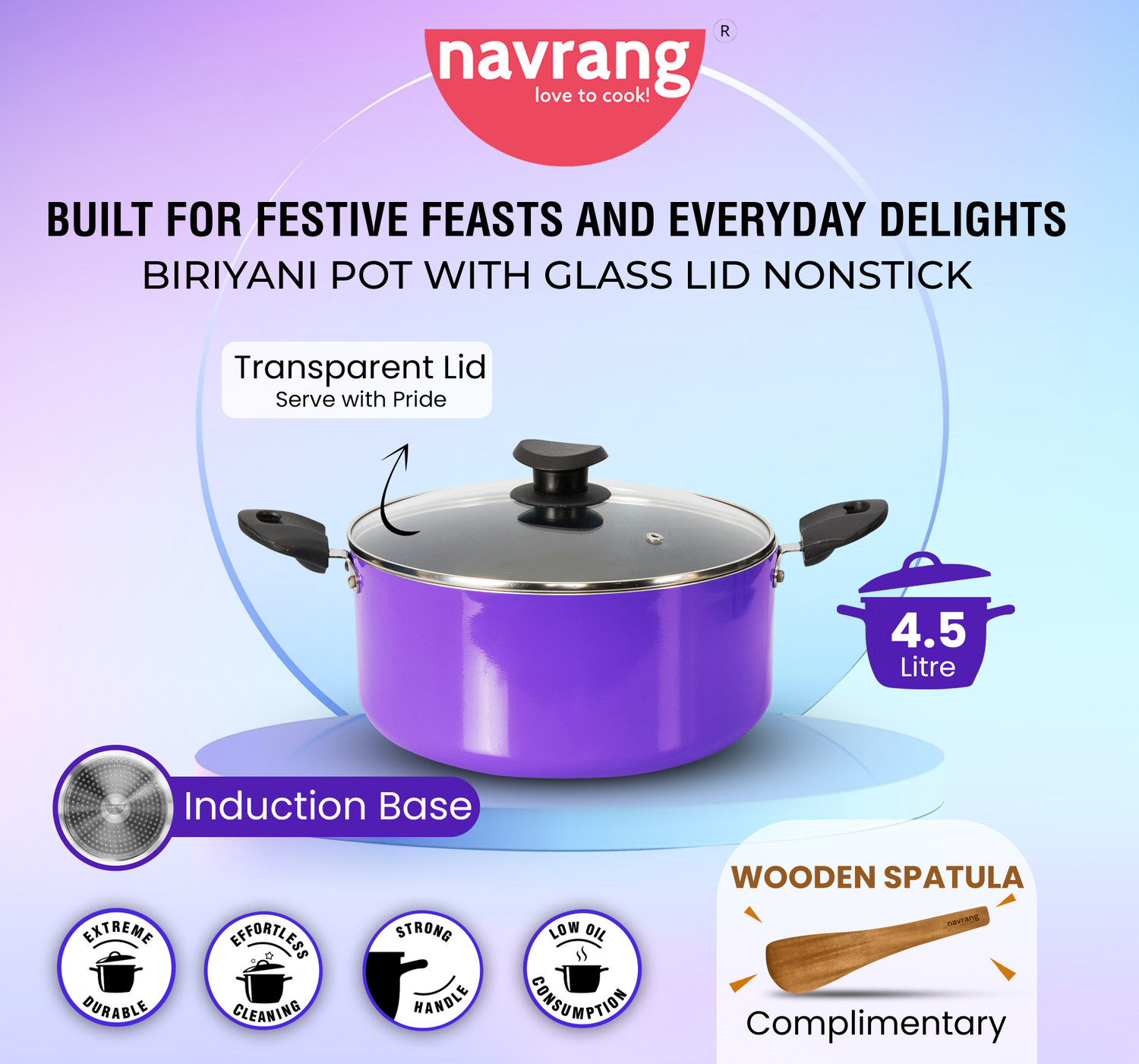 Image of NAVRANG Biryani Pot High Grade Induction base Aluminum Nonstick pot with wooden spatula Pot 24 cm diameter 4.5 L capacity with Lid