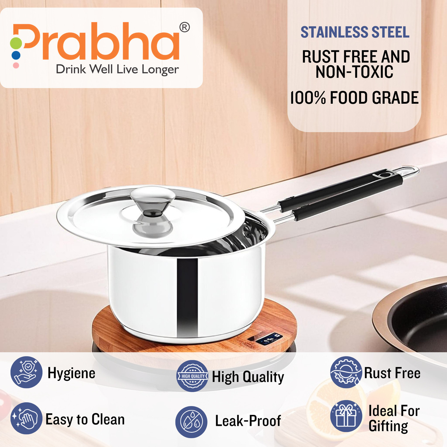 Image of PRABHA Saucepan | Saucepan Stainless Steel | Saucepan Induction Base | Multipurpose Use Sauce Pan 17 cm diameter with Lid 2 L capacity