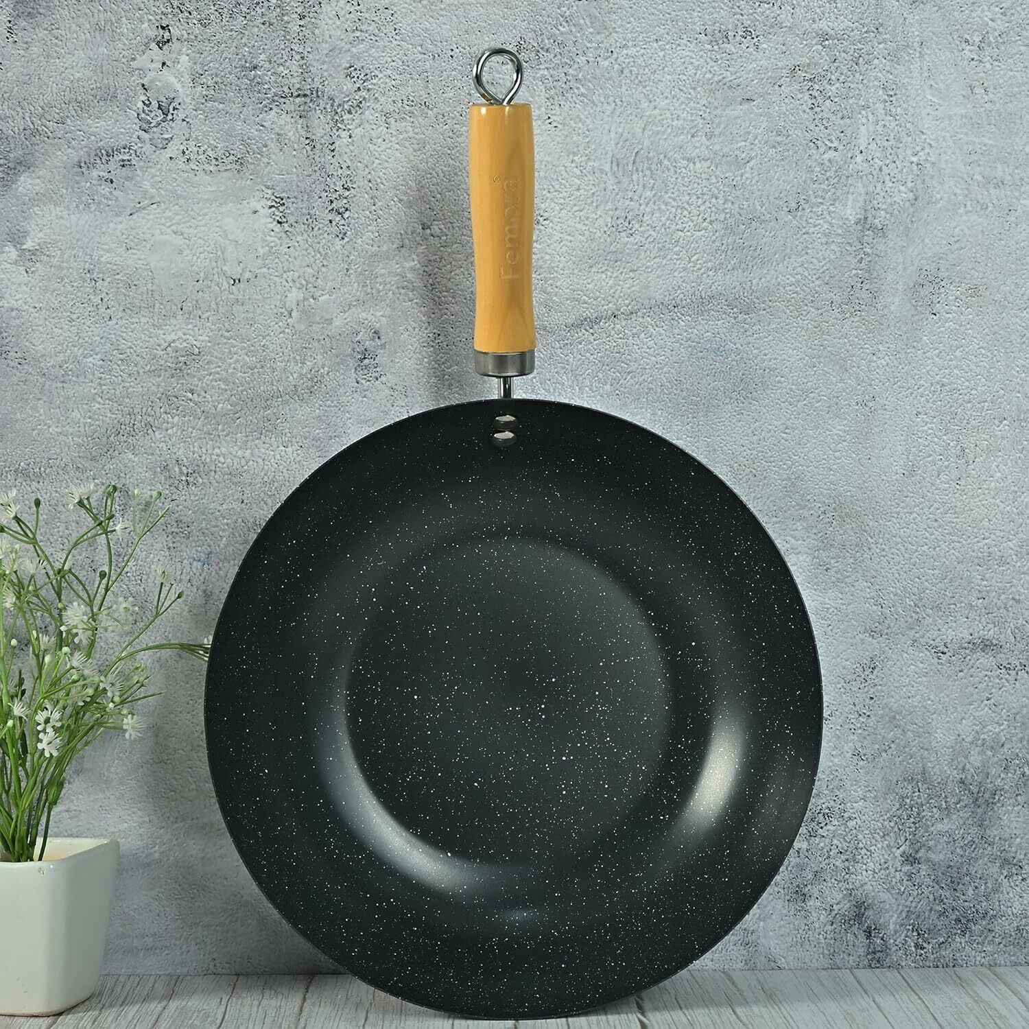 Image of Femora Iron Wok for Cooking & Deep Frying with Strong Wooden Handle Wok 27 L capacity 5 cm diameter