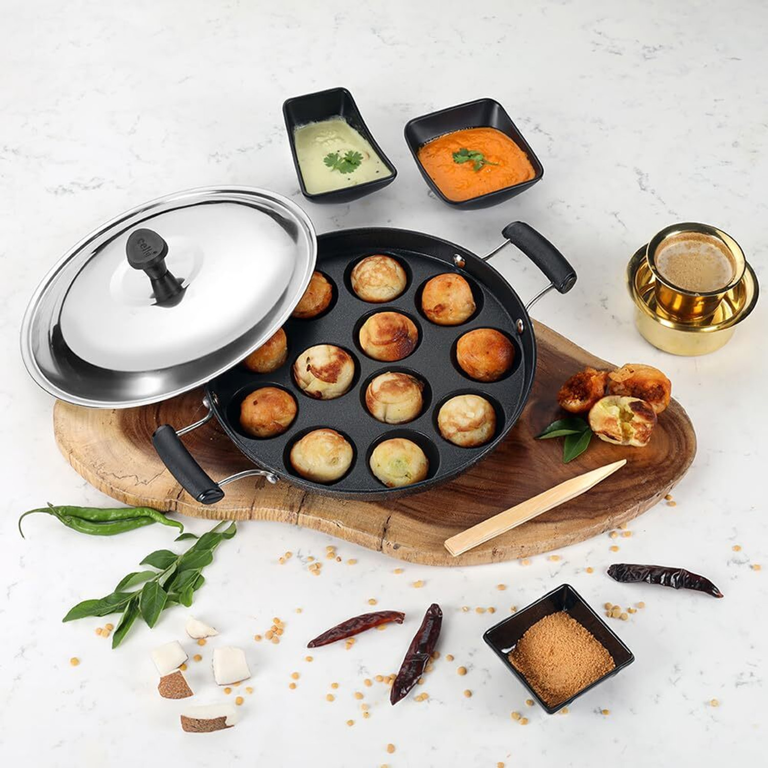 Image of RBGIIT with Lid Ponganalu Pan South Indian Cookware | Kitchen Use | Paniyaram Pan Use Appachatty Pan 23 cm diameter with Lid 0.5 L capacity