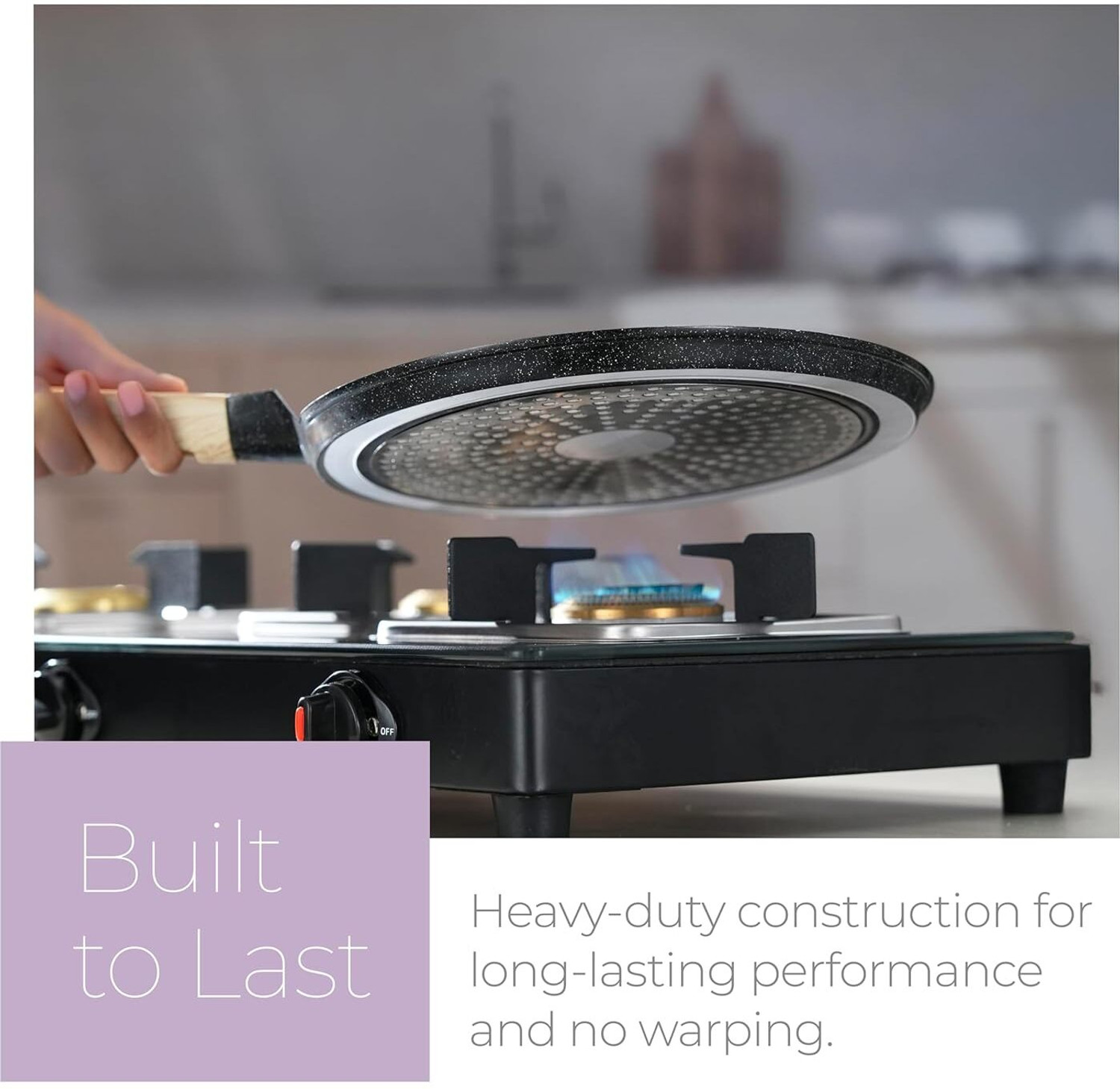 Image of Lifelong Die-Cast Flat Dosa Tawa with Wooden Handle & Spatula (Roti /Chapati) Tawa 28 cm diameter (Aluminium, Non-stick, Induction Bottom)