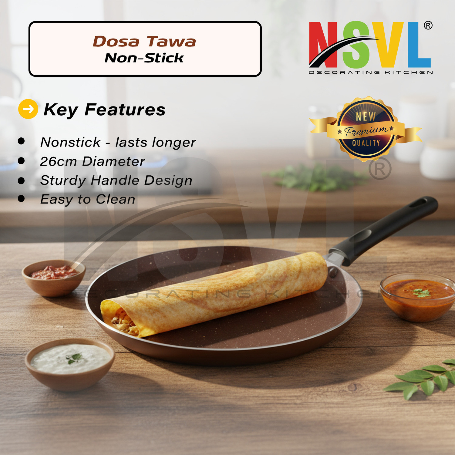 Image of NSVL Non-Stick Premium Brown Dosa Tawa with Handle| Granite Finish | Pfoa Free Tawa Tawa 26.5 cm diameter
