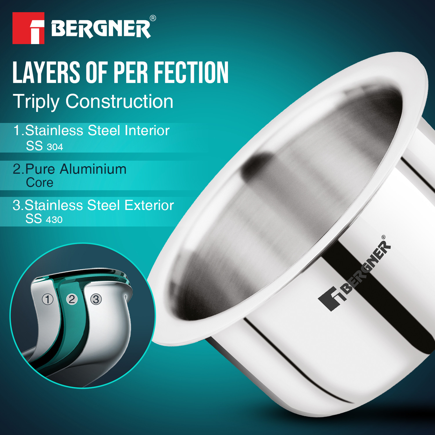 Image of BERGNER Tripro Triply Stainless Steel 2 Pcs Tope /Bhagona /Patila Set 1.3 L, 1.9 L capacity 14 cm, 16 cm diameter (Triply, Stainless Steel, Induction Bottom)