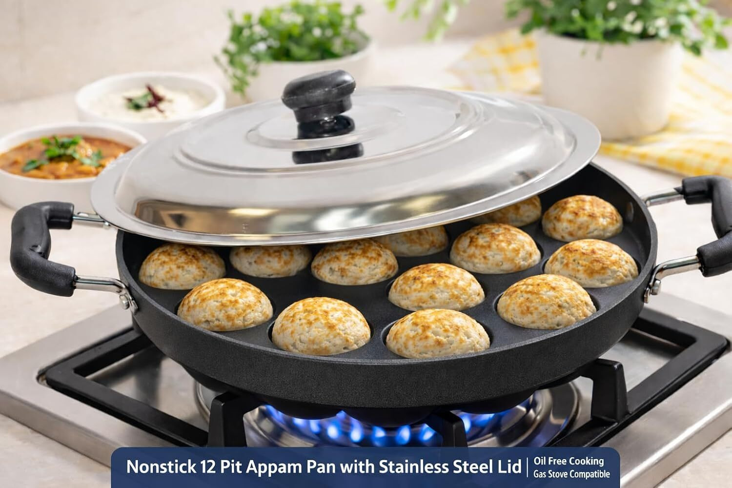 Image of Swarambh 3 Coated Non Stick With Spatter Appam pan Patra Hammer Tone Kadhai 23.5 cm diameter with Lid 0.25 L capacity