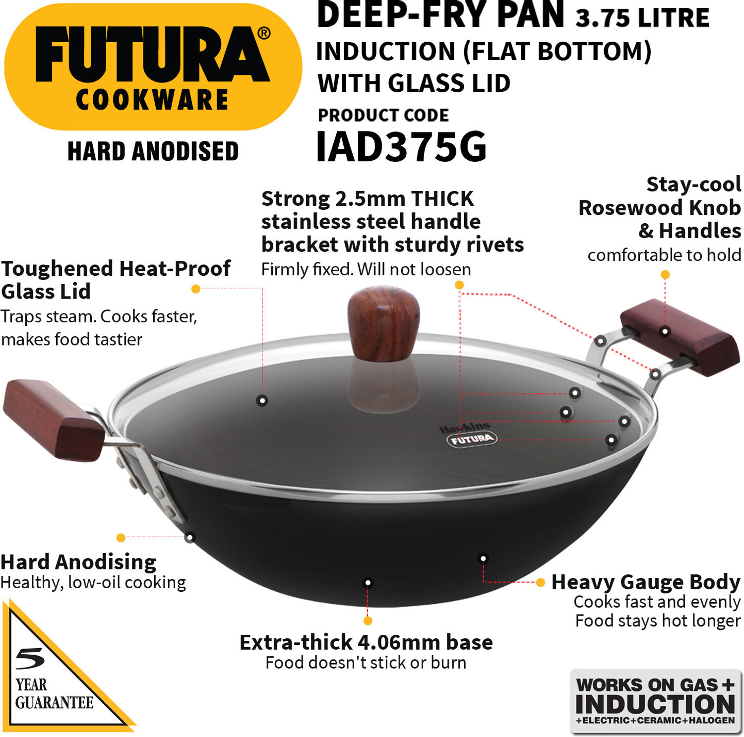 Image of Hawkins Deep-Fry Pan, with Glass Lid (IAD375G) Kadhai 30.4 cm diameter with Lid 3.75 L capacity