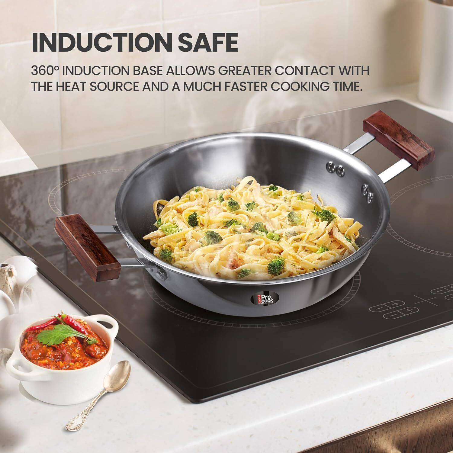 Image of MILTON Pro cook Triply Hexa Tech Induction with Glass Lid & Wooden Handle,24 cm Kadhai 24 cm diameter with Lid 2.5 L capacity